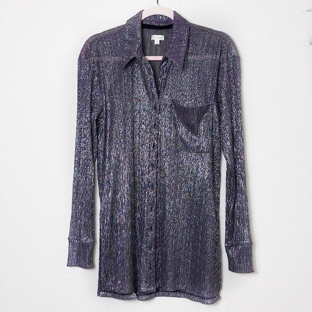 Anthropologie Pilcro Metallic Purple Button Down Shirt Tunic size XS